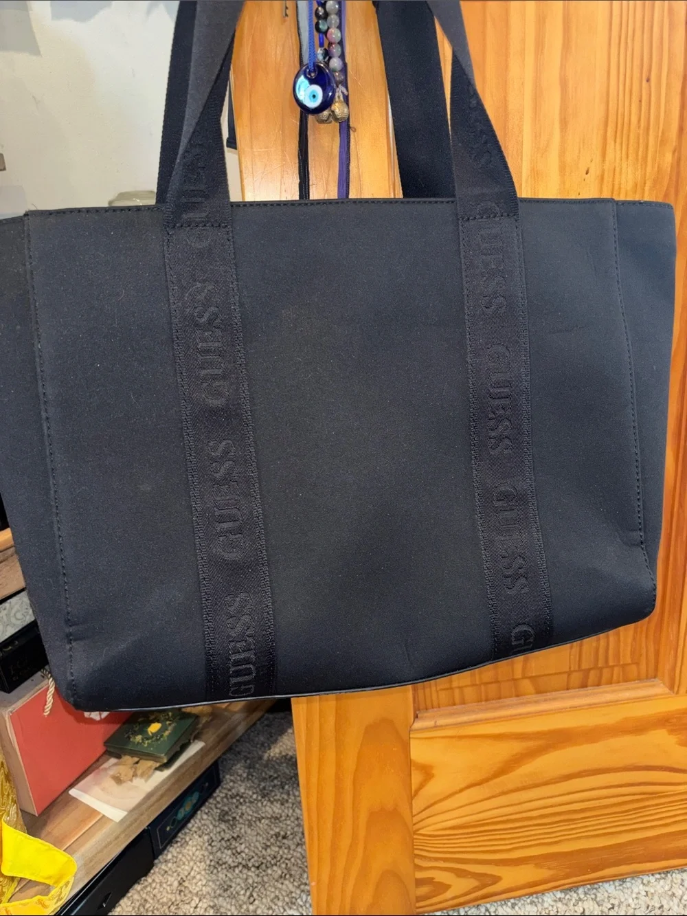 GUESS Black Branded Strap Tote Laptop Bag